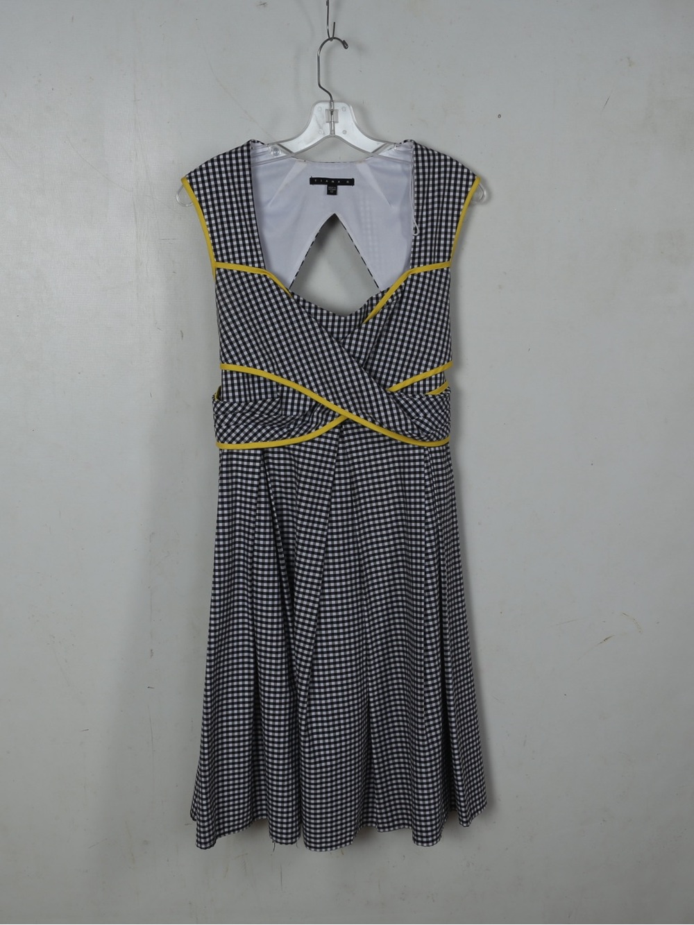 Tiana B. Black-and-White Gingham Midi Dress with Yellow Trim